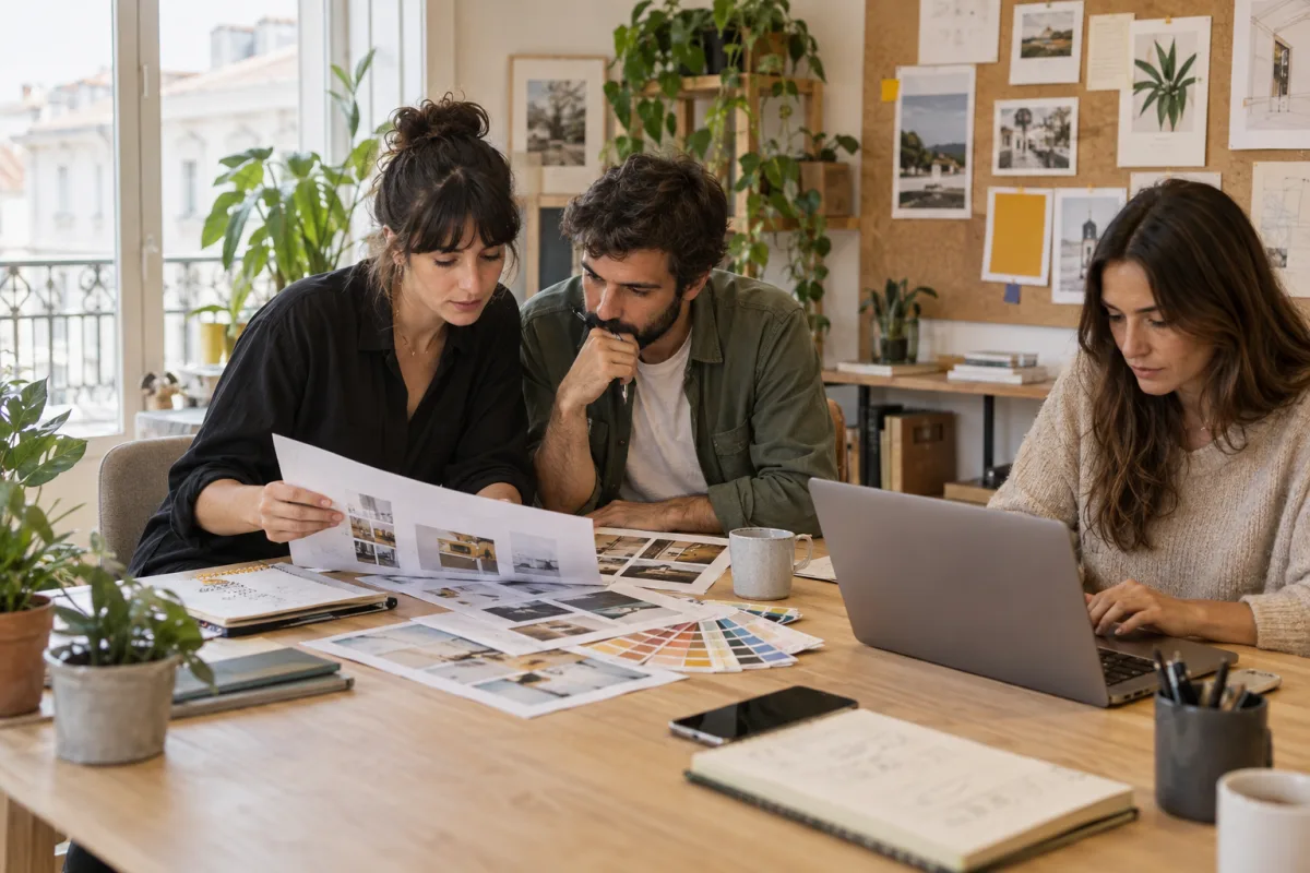An agency team reviewing visual proposals for a client project.