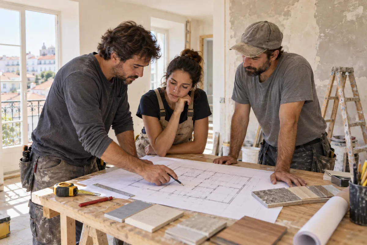 A renovation team reviewing a floor plan on site.