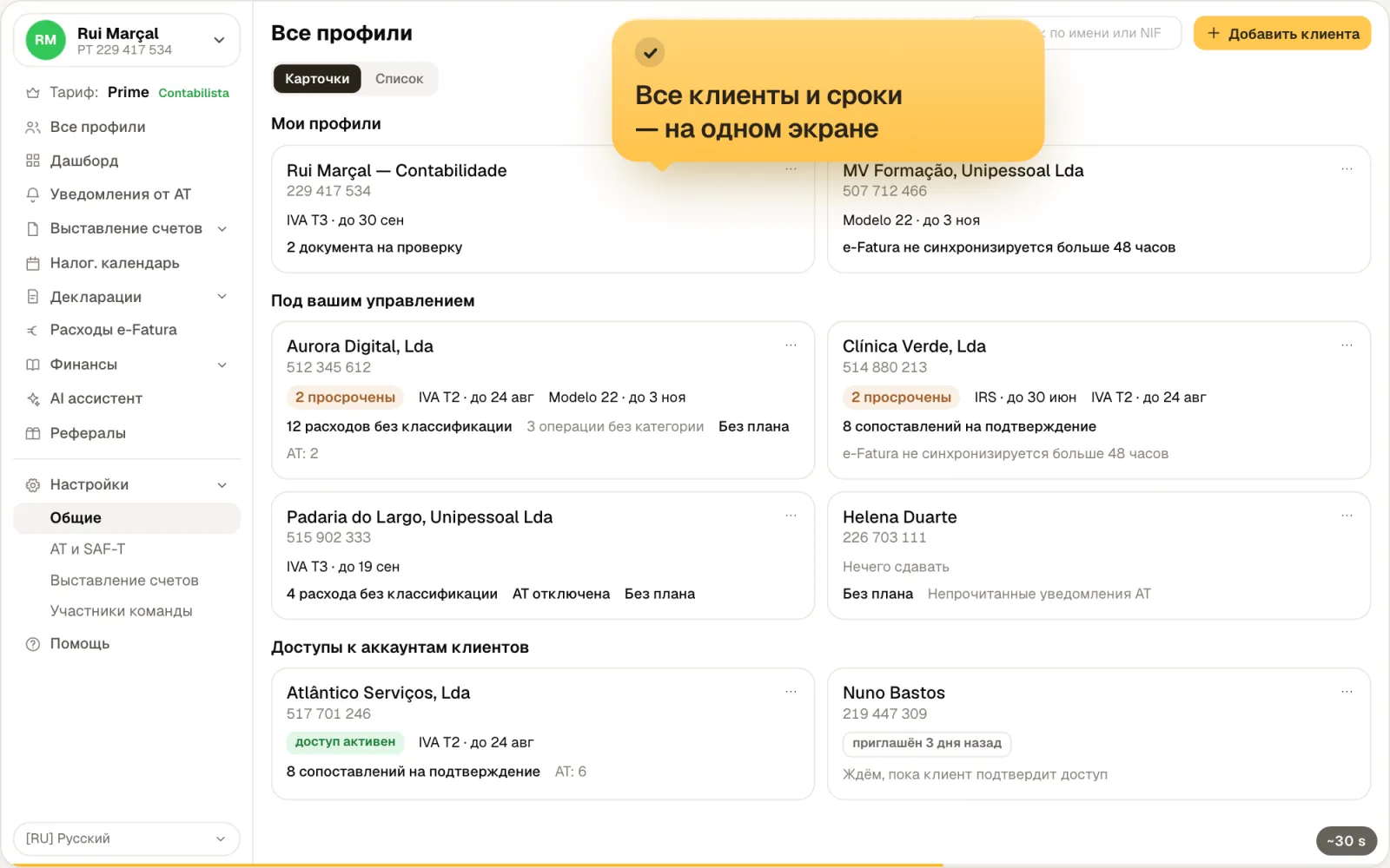 Экран «Все профили» в FIZ со списком клиентов габинета и их сроками