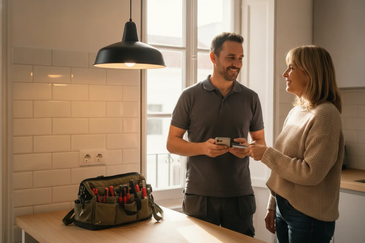 Eletricista segura o telemóvel e a dona da casa paga com cartão por aproximação, numa cozinha em Lisboa, debaixo do candeeiro que acabou de instalar.