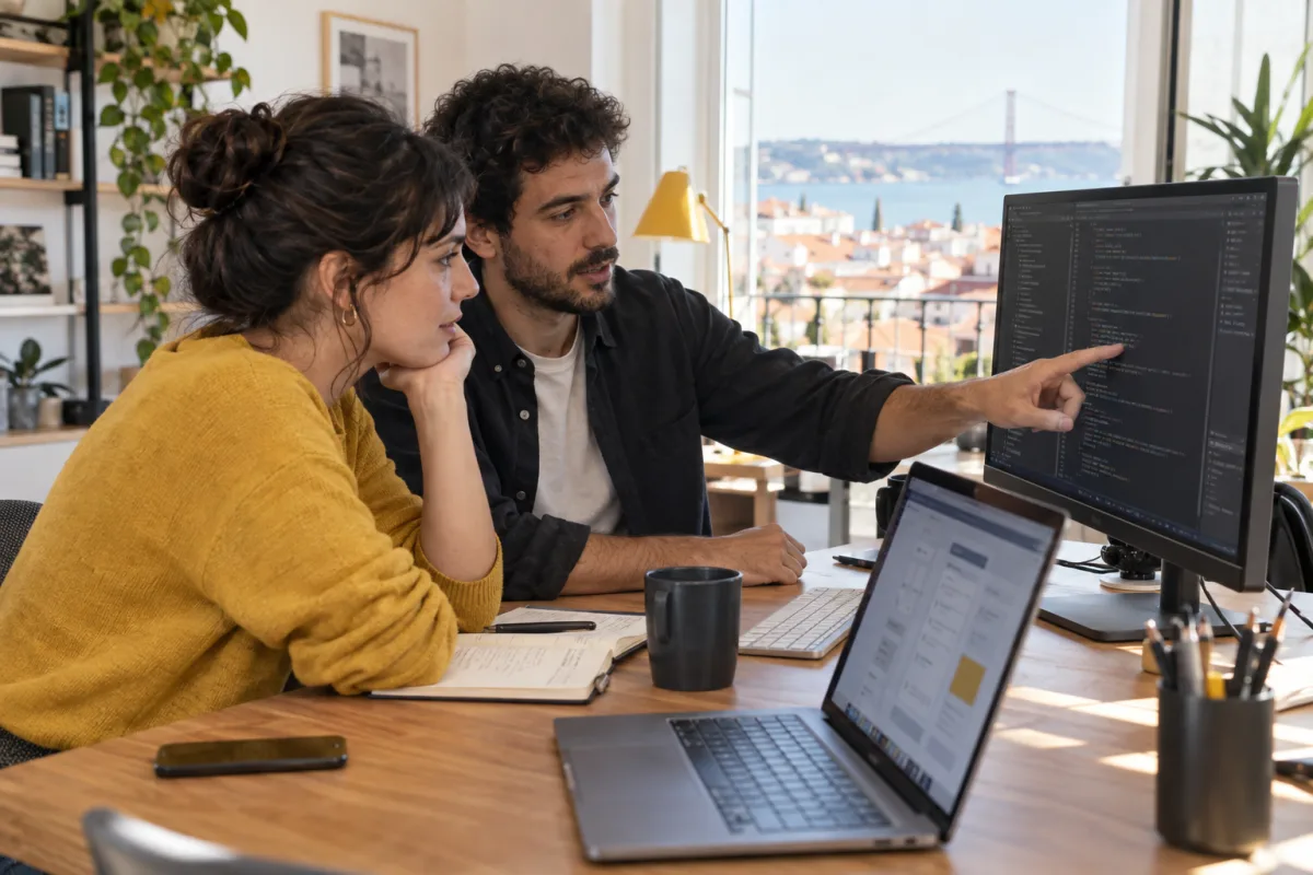 Development team reviewing an application and code in a Lisbon office.