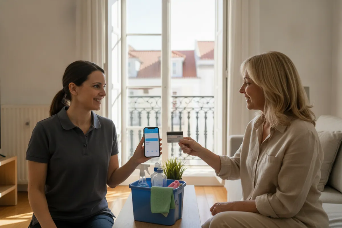 Profissional de limpeza mostra o telemóvel e a cliente paga com cartão por aproximação, numa sala luminosa em Lisboa, com uma caixa de produtos de limpeza em cima da mesa.