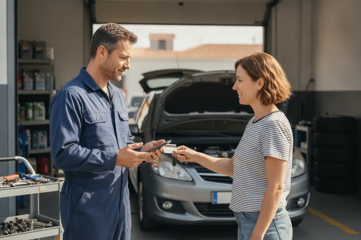 Mecânico segura o telemóvel e uma cliente paga com cartão por aproximação, junto a um carro de capô aberto, numa pequena oficina em Lisboa.