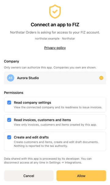 FIZ consent screen: Aurora Studio authorizes Northstar Orders to read company details and work with drafts.