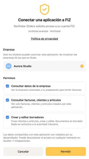Pantalla de autorización de FIZ: Aurora Studio permite a Northstar Orders consultar la empresa y trabajar con borradores.
