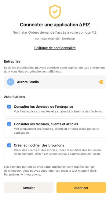 Écran d’autorisation FIZ : Aurora Studio permet à Northstar Orders de consulter l’entreprise et de gérer des brouillons.