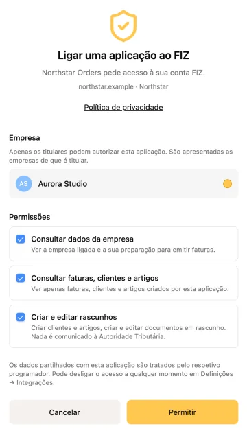 Ecrã de autorização da FIZ: a empresa Aurora Studio permite à Northstar Orders consultar a empresa e criar rascunhos.
