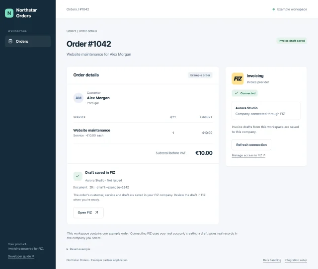 O mesmo pedido na Northstar Orders, com a empresa Aurora Studio ligada e a confirmação de rascunho guardado na FIZ.