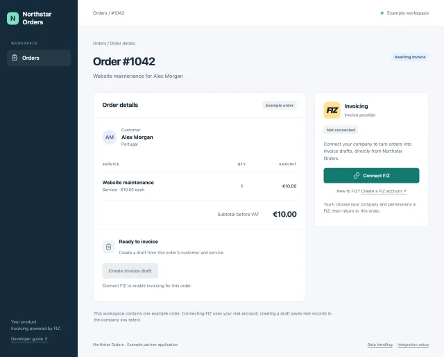 Pedido 1042 na aplicação Northstar Orders, com os dados do cliente e o botão Ligar à FIZ.